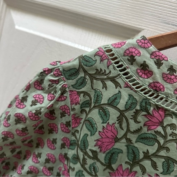 DRA Los angeles Floral Green Pink Dress maxi tiered short sleeve cotton s small - Picture 7 of 8